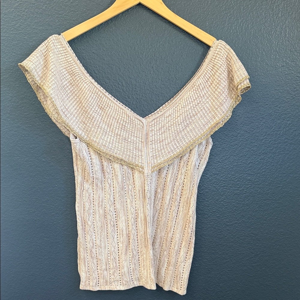 NWT White House Black Market Beige Ruffle V Neck Knit Sweater
